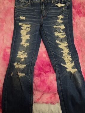 American Eagle Outfitters Distressed Dark Blue Flare Jeans